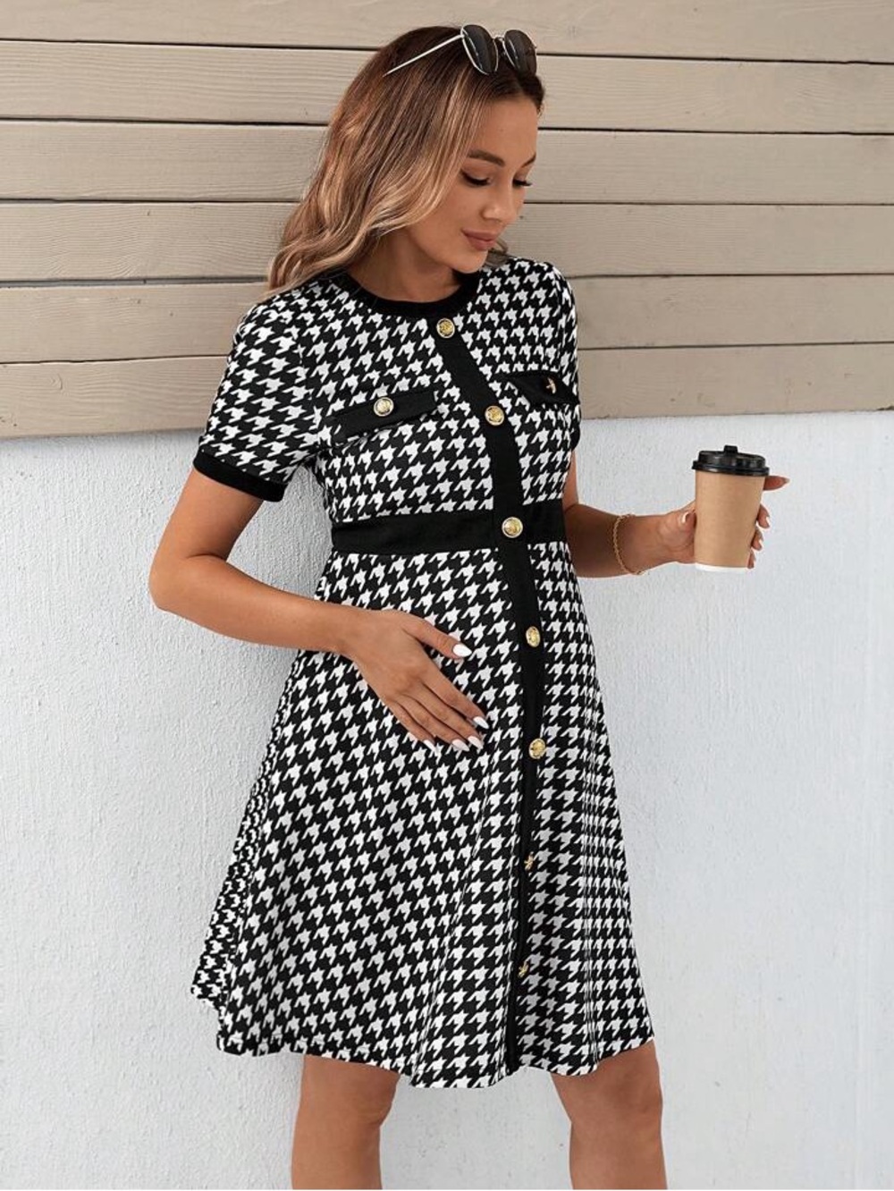 SHEIN Black and White Houndstooth Button-Front Mini Dress